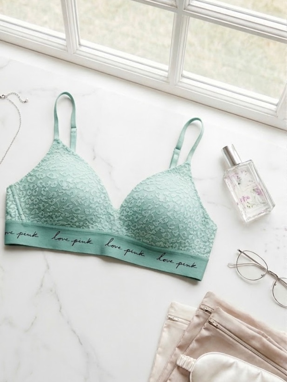PINK Victoria's Secret Sea Foam Green with Leopard Lace Bra